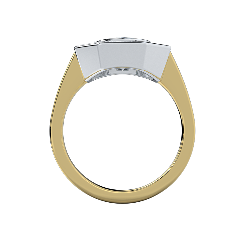 Two-tone Josephine UNBRIDALED engagement ring with a gold band and silver octagonal setting.