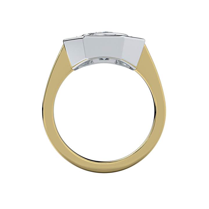 Two-tone Josephine UNBRIDALED engagement ring with a gold band and silver octagonal setting.