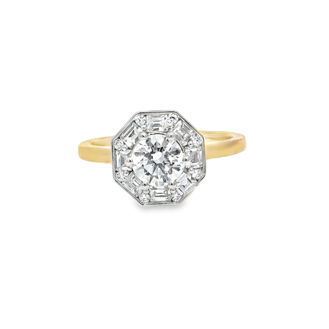 Josephine UNBRIDALED engagement ring with a round diamond in an octagonal setting, yellow gold band.