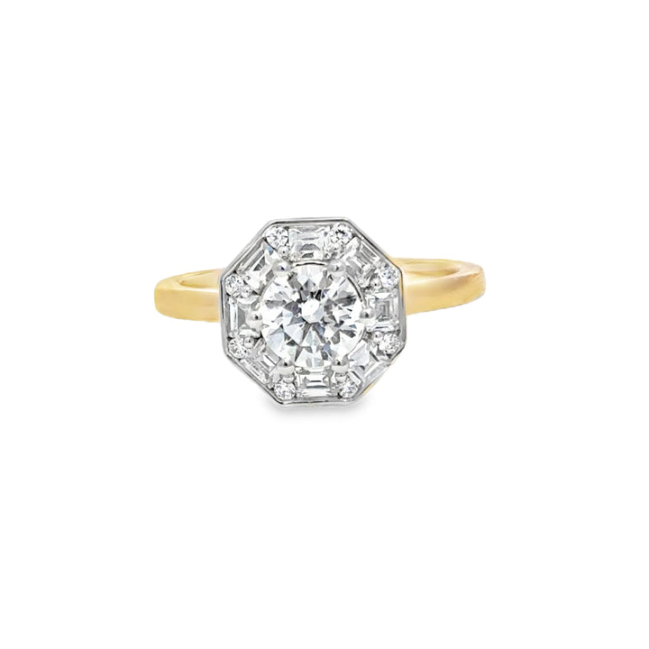 Josephine UNBRIDALED engagement ring with a round diamond in an octagonal setting, yellow gold band.