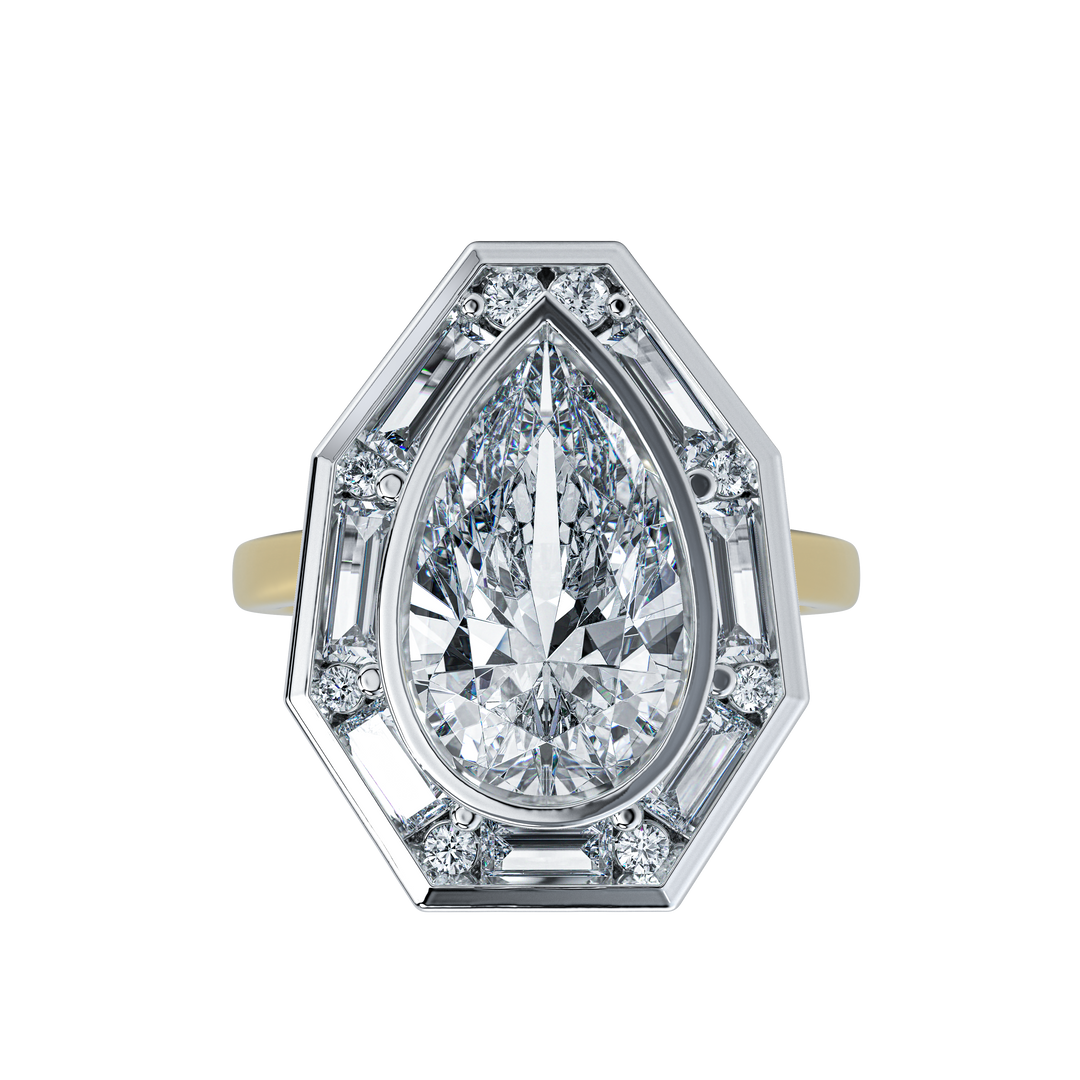 Josephine UNBRIDALED vintage-inspired engagement ring with a pear-shaped diamond in an octagonal setting.