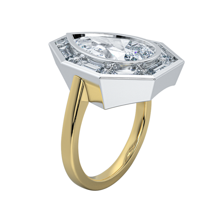 Josephine UNBRIDALED engagement ring with a pear-shaped diamond in an octagonal halo, two-tone gold band.