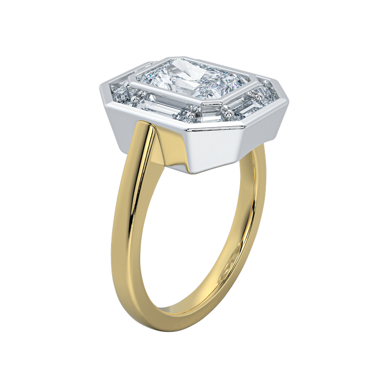 Josephine UNBRIDALED engagement ring with an octagonal diamond in a two-tone gold setting.