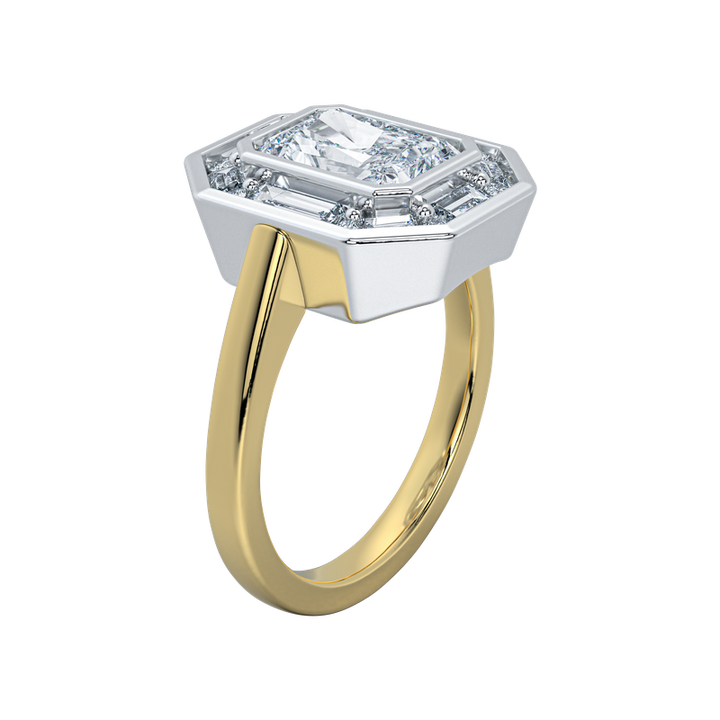Josephine UNBRIDALED engagement ring with an octagonal diamond in a two-tone gold setting.