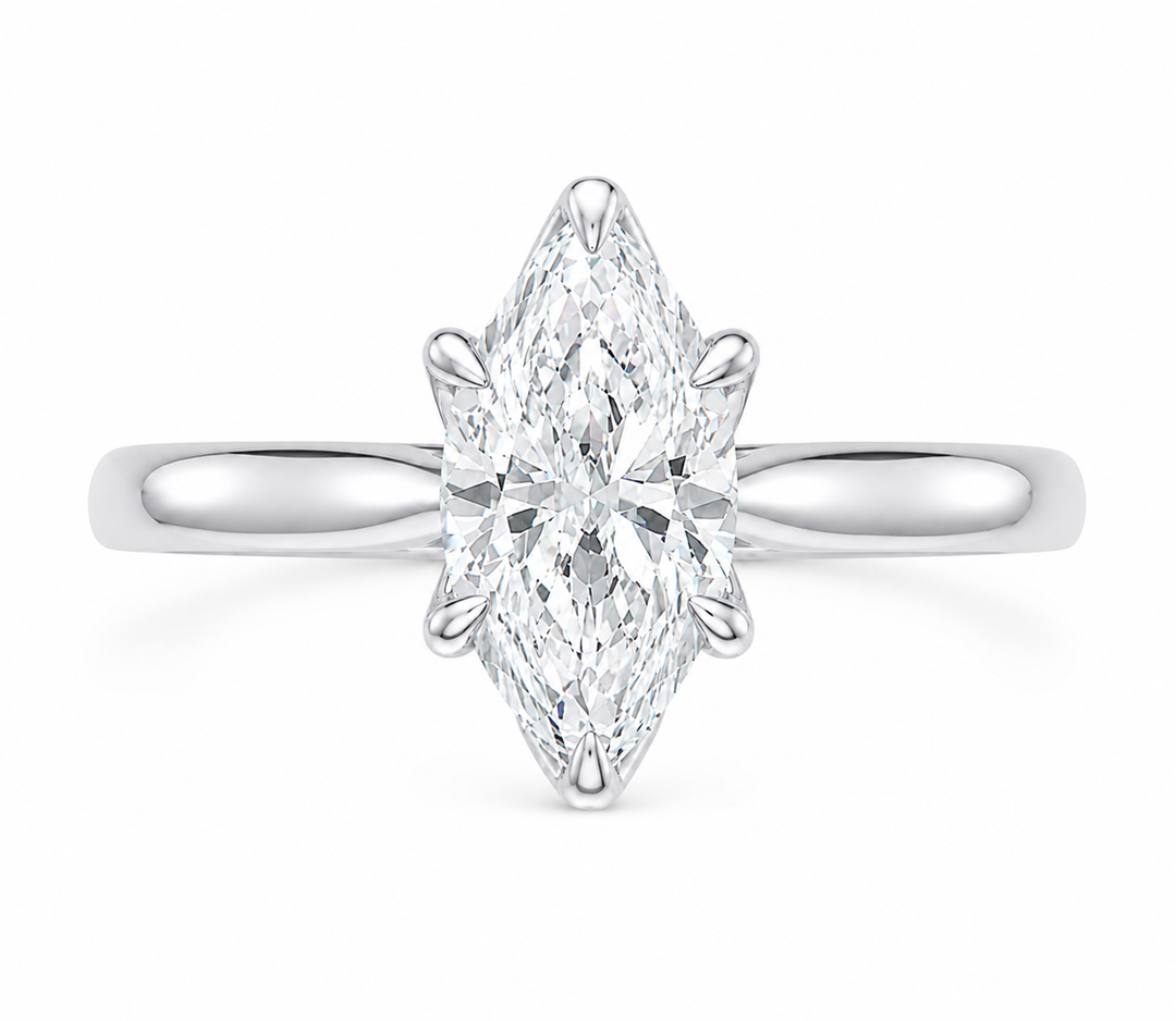 Leighton Signature 14K white gold engagement ring with a marquise diamond solitaire.