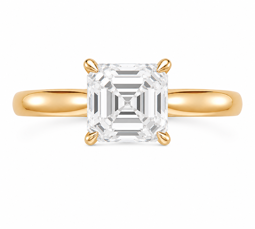 Leighton modern solitaire engagement ring with a 2 CT Asscher cut diamond in 14K yellow gold.