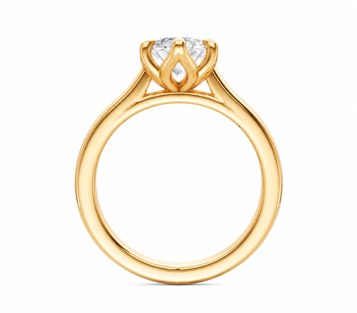 Leighton modern solitaire engagement ring in 14K gold with a 2 CT diamond and petal claw prongs.