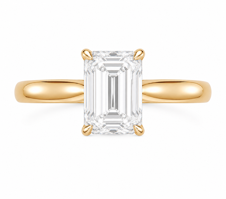 14K yellow gold Leighton engagement ring with a 2 CT emerald cut diamond solitaire.