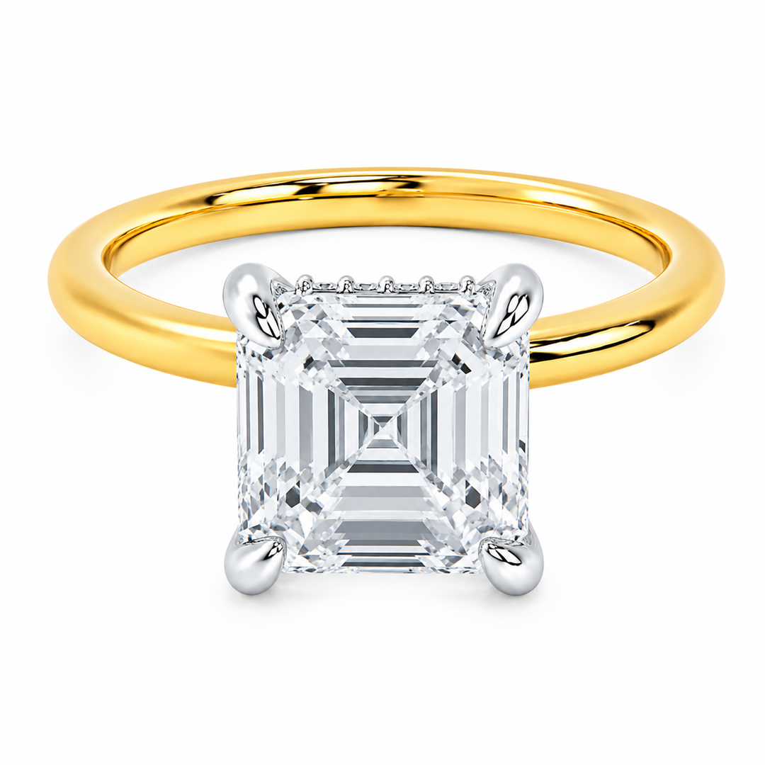 Margot 14K yellow gold engagement ring with a 2 CT Asscher diamond and white gold hidden halo.