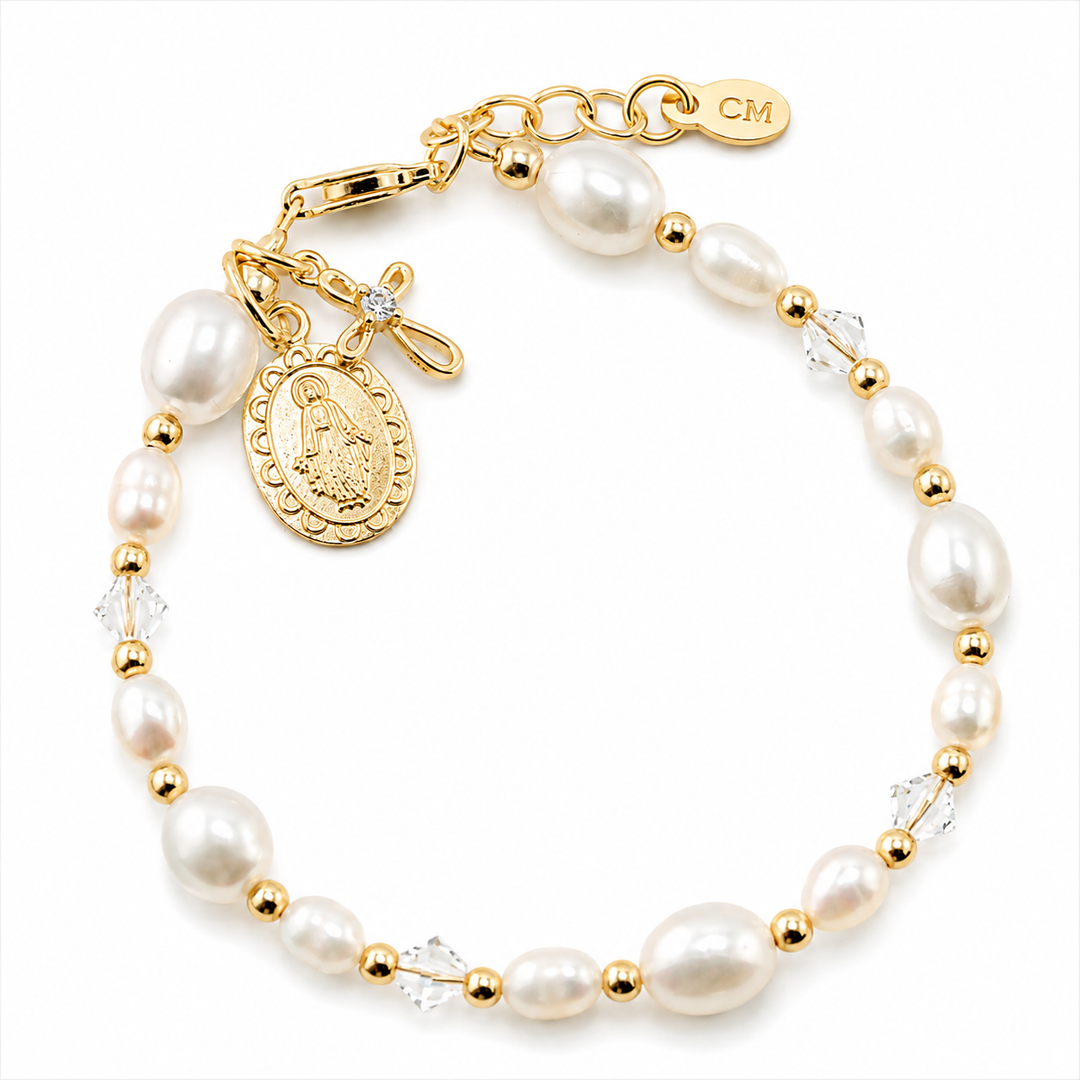 Youth Miraculous Medal &amp; Cross Pearl Beaded Bracelet
