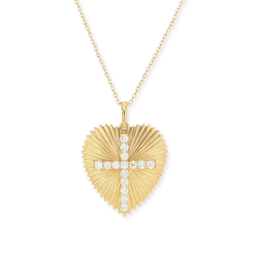 14K Heart Medallion & Diamond Cross Necklace
