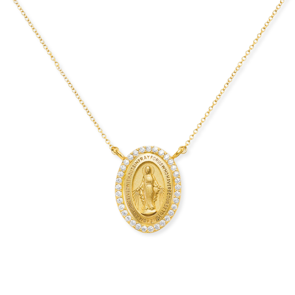 14K Diamond Halo Miraculous Medal Necklace