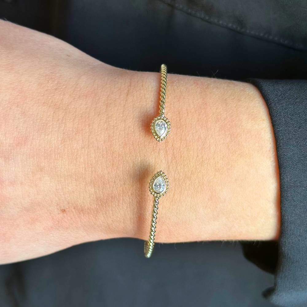 14K Bezel Pear Beaded Halo Cuff