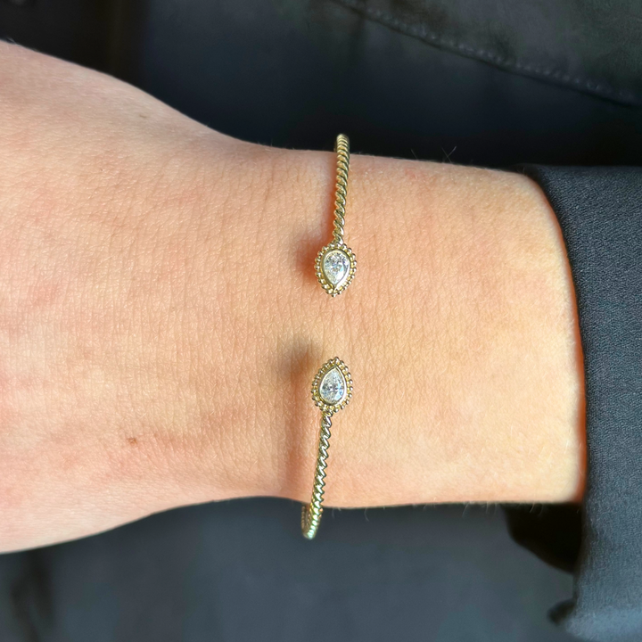 14K Bezel Pear Beaded Halo Cuff
