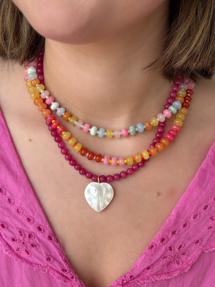Fuchsia Jade & Mother of Pearl Heart Pendant Necklace