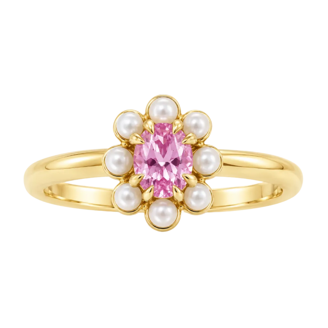 14K Natural Gemstone &amp; Pearl Halo-Style Ring