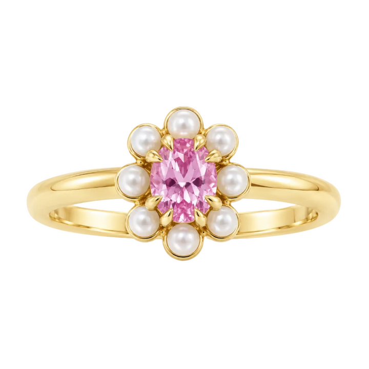 14K Natural Gemstone &amp; Pearl Halo-Style Ring