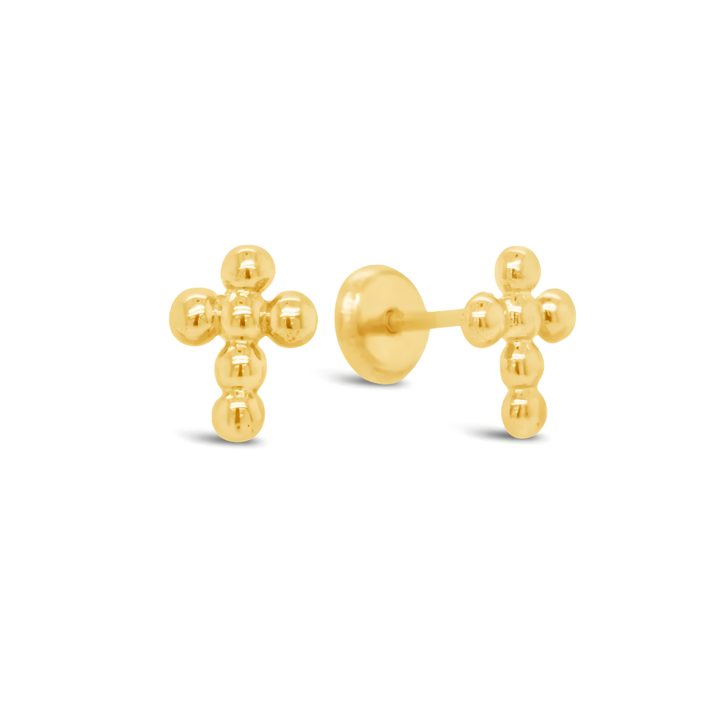 14K Mini Beaded Cross Studs