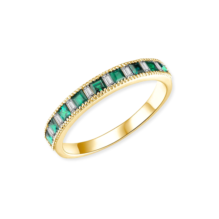 14K Channel-Set Emerald & Diamond Milgrain Stack Ring