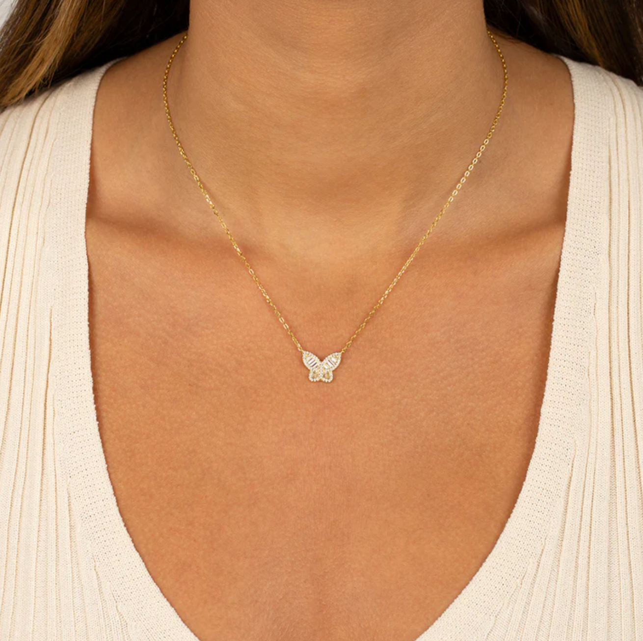 Small Pave x Baguette Butterfly Necklace