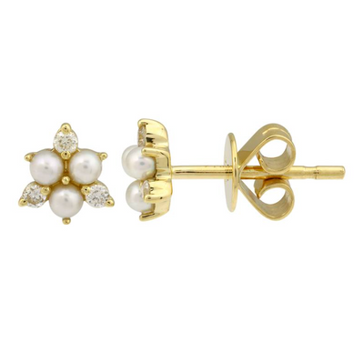 14KY Pearl & .09 CTW Natural Diamond Cluster Studs