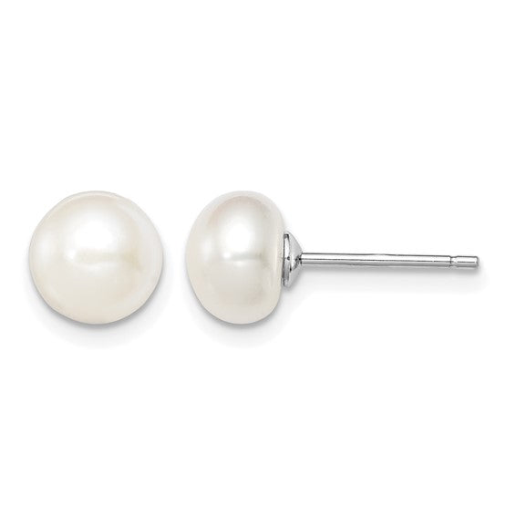 Sterling Silver White Freshwater Cultured Pearl Button Studs