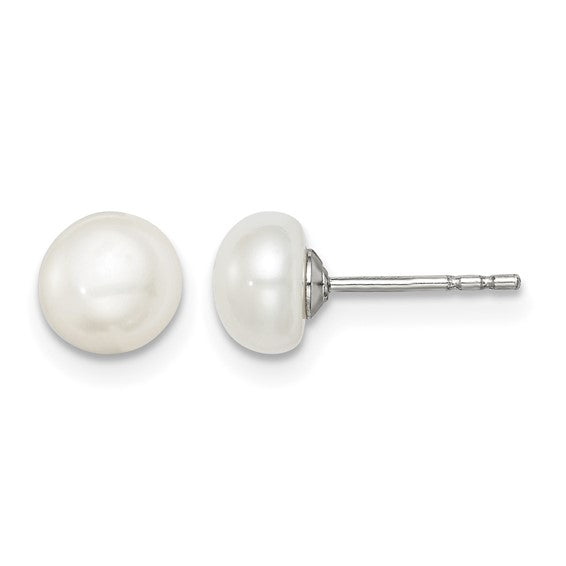 Sterling Silver White Freshwater Cultured Pearl Button Studs