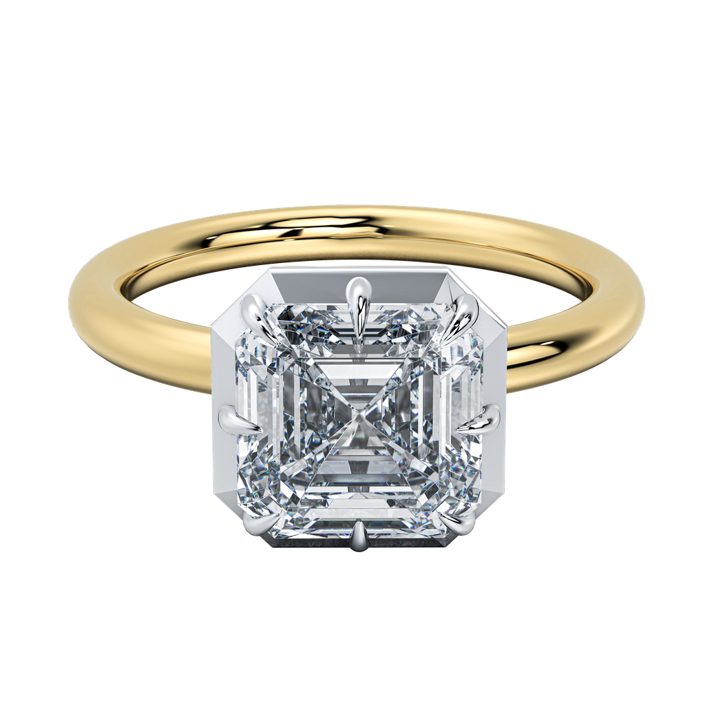 Taylor engagement ring: sleek emerald-cut diamond in a clean bezel setting on a gold band.