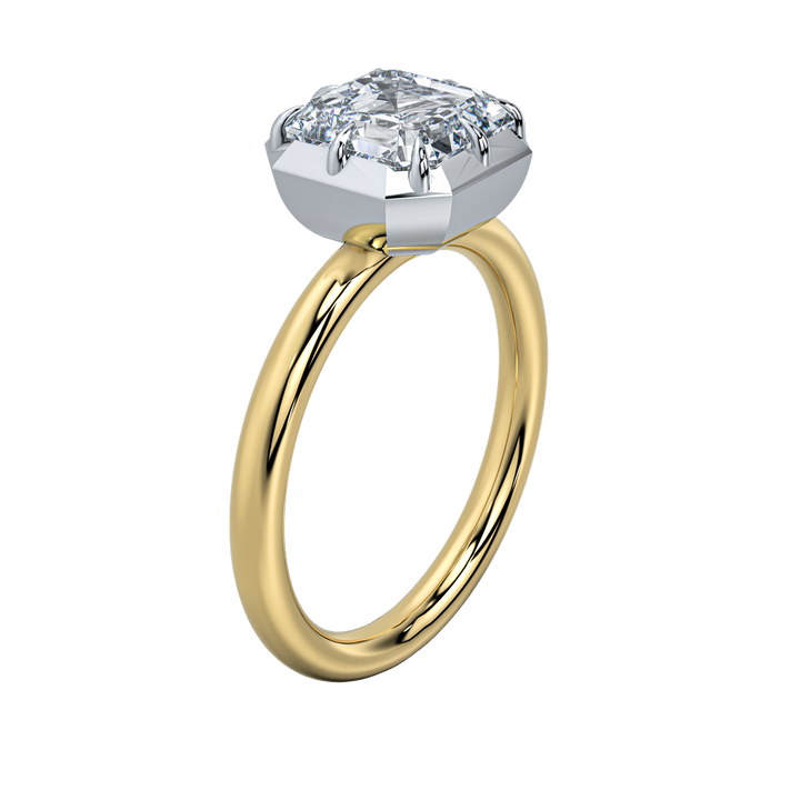 Taylor engagement ring: emerald-cut diamond in a white gold bezel on a yellow gold band.