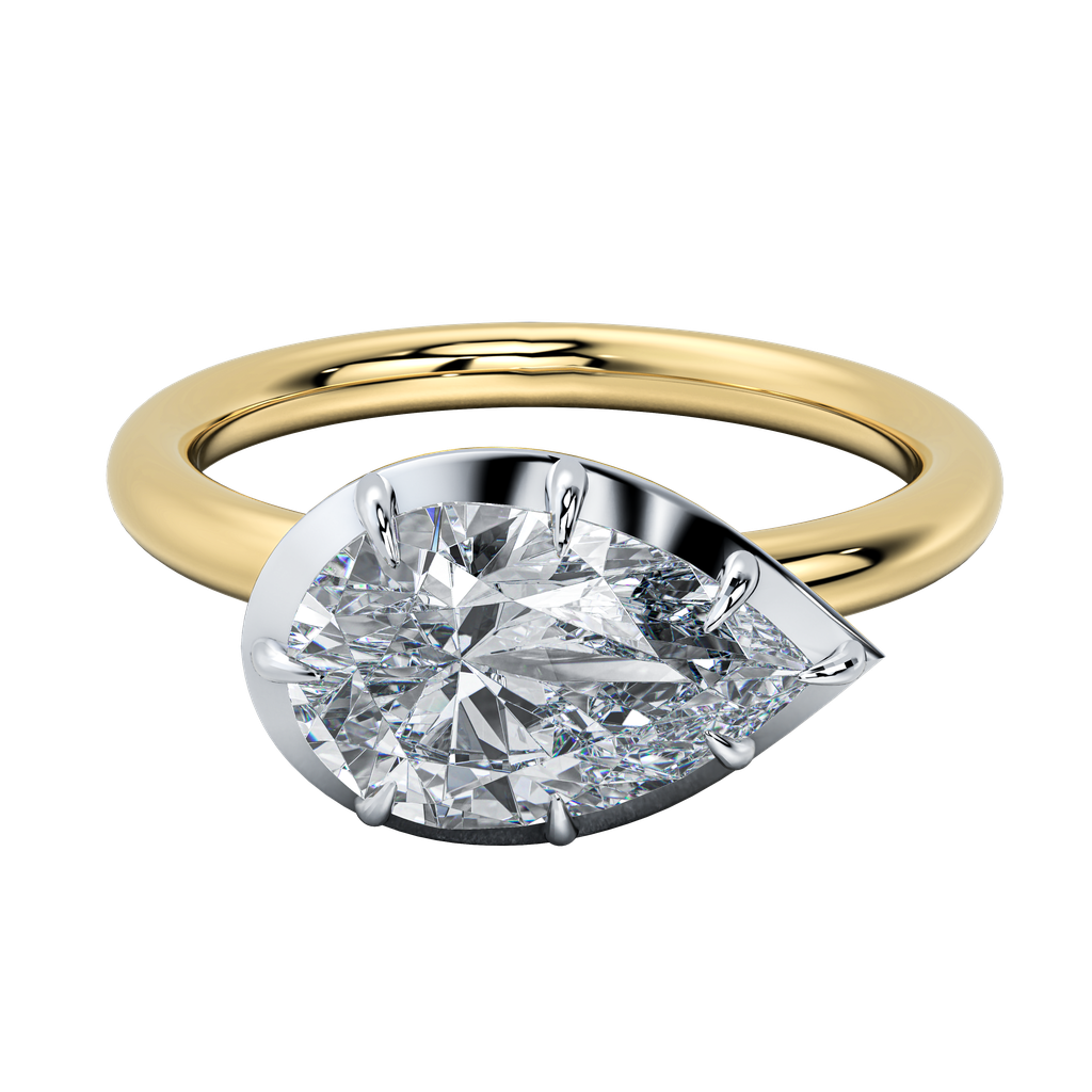 Taylor engagement ring: gold band with a pear-shaped diamond in a sleek bezel setting.