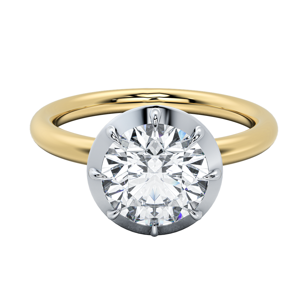Taylor engagement ring: round diamond in a white gold bezel setting on a yellow gold band.