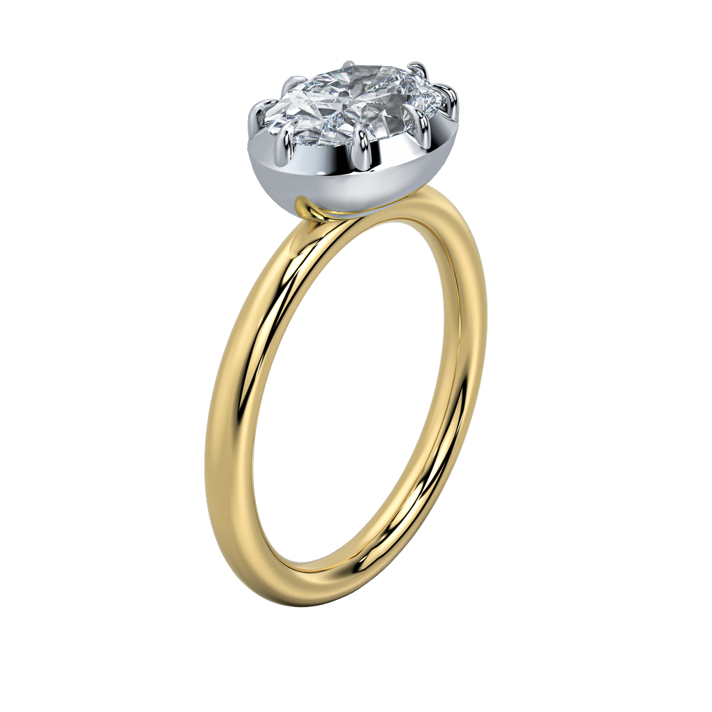 Taylor engagement ring with an emerald-cut diamond in a bezel setting on a yellow gold band.