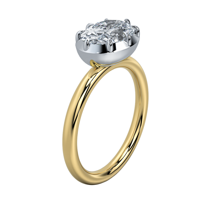 Taylor engagement ring with an emerald-cut diamond in a bezel setting on a yellow gold band.
