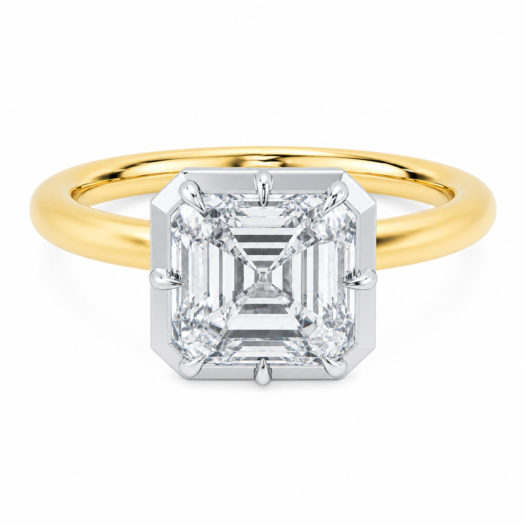 Taylor two-tone 14K yellow and white gold engagement ring with a 2 CT Asscher diamond and claw prongs.