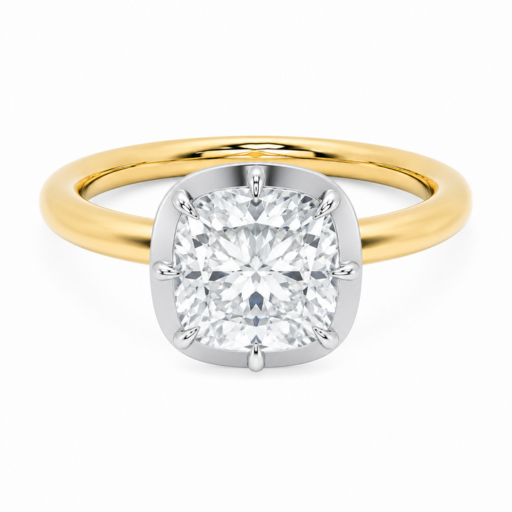 Taylor engagement ring with 2 CT cushion diamond, 14K yellow gold band, and white gold claw prongs.