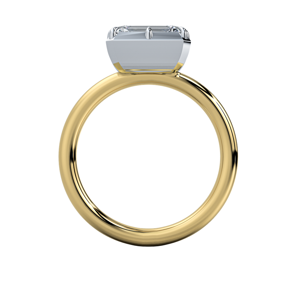 Taylor two-tone 14K yellow and white gold engagement ring with a 2 CT emerald cut diamond.