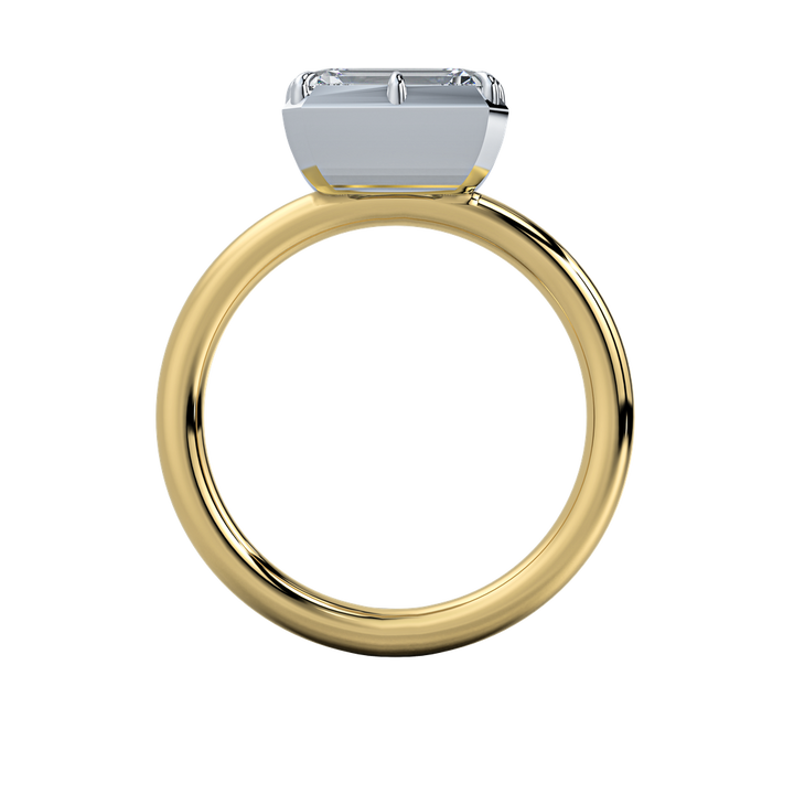 Taylor two-tone 14K yellow and white gold engagement ring with a 2 CT emerald cut diamond.