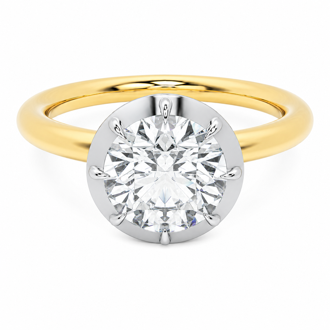 Taylor two-tone 14K yellow and white gold engagement ring with a round 2 CT diamond and claw prongs.