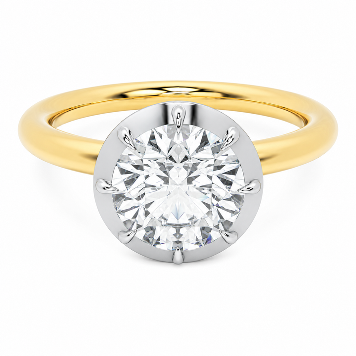 Taylor two-tone 14K yellow and white gold engagement ring with a round 2 CT diamond and claw prongs.