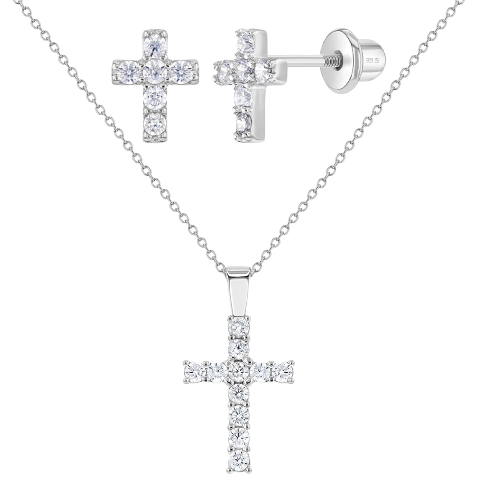 Delicate CZ Cross Necklace & Earring Set