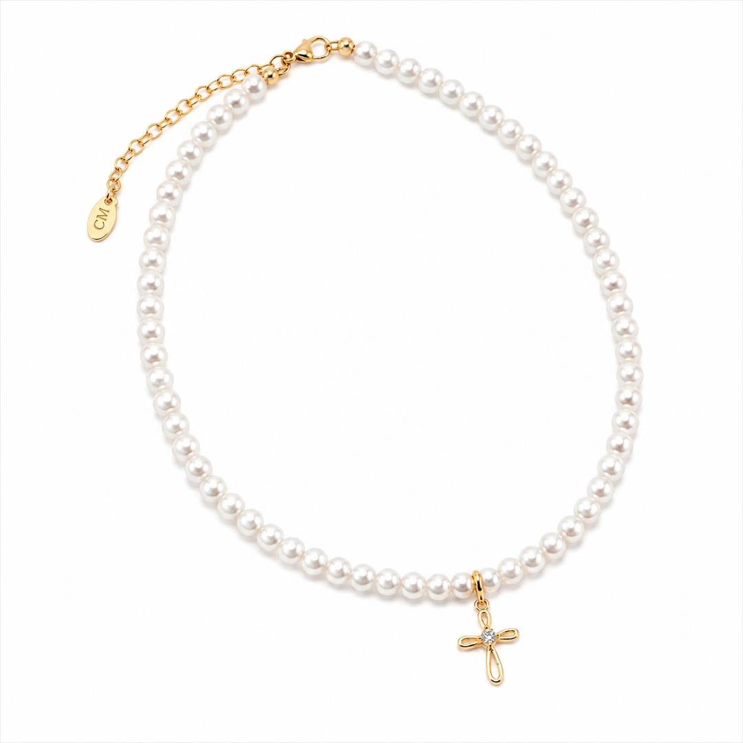 Youth Open Cross Pearl Necklace