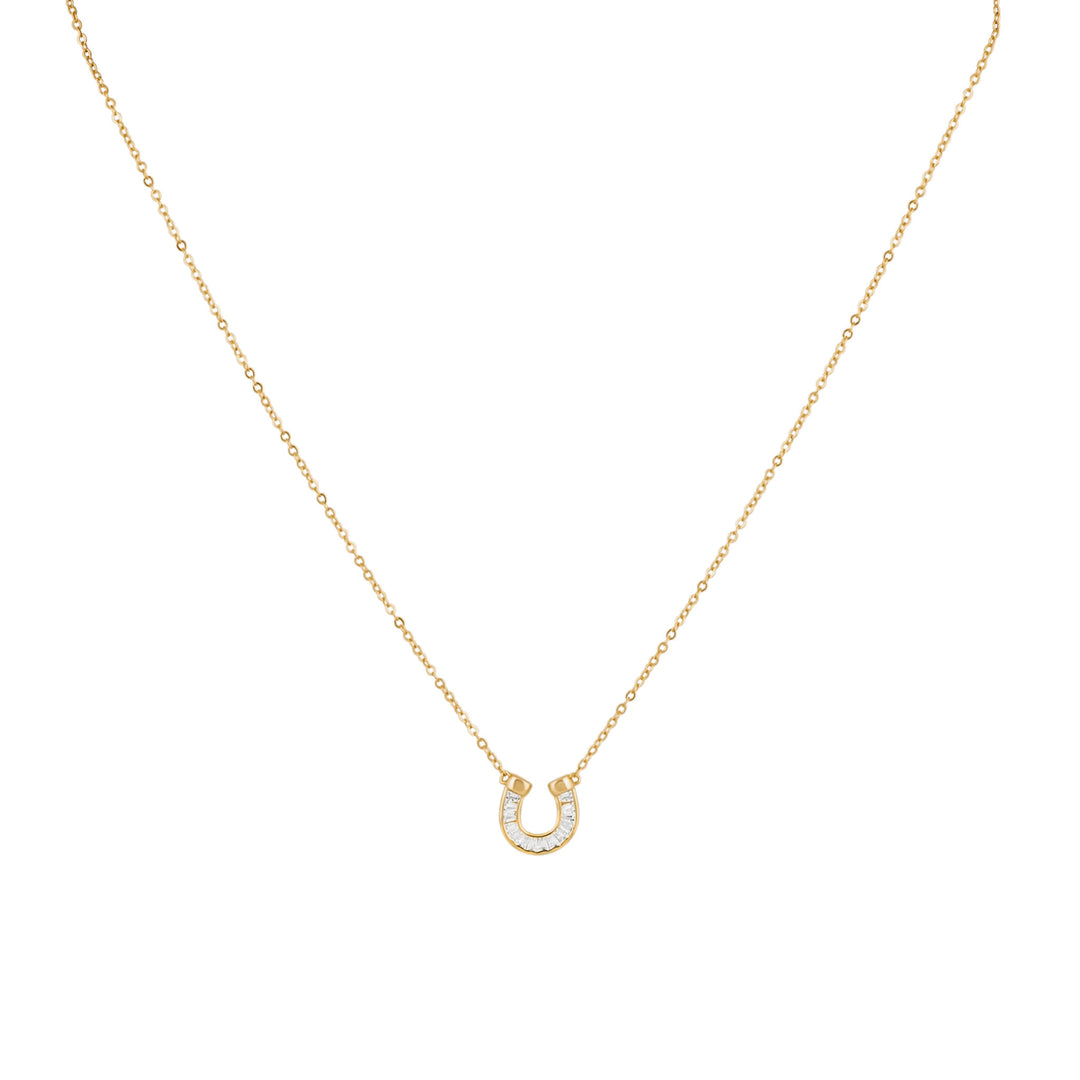 Baguette Horseshoe Pendant Necklace in gold plated sterling silver, front view-Embark Fine Jewelry