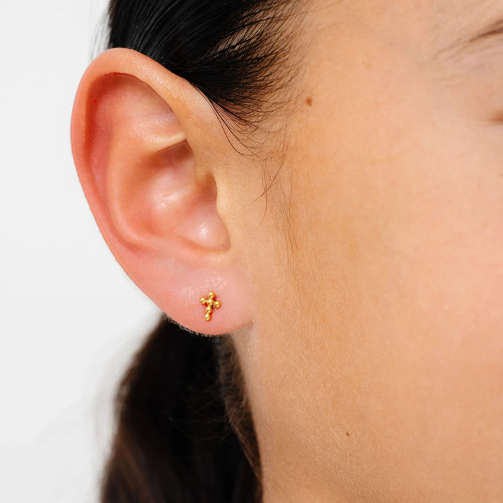 Beaded Cross Studs On Model-Embark Fine Jewelry
