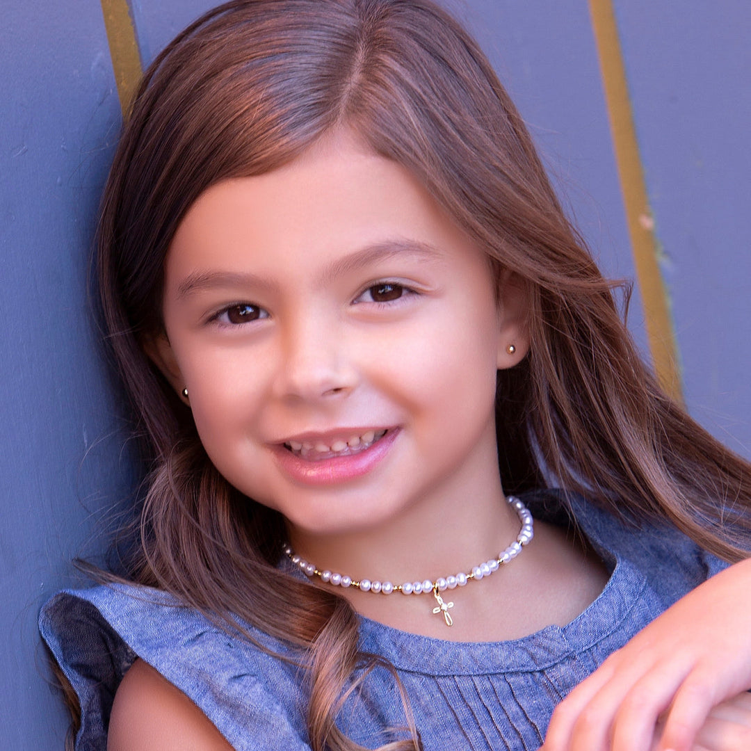 Beaded Pearl Cross Necklace On Model-Embark Fine Jewelry