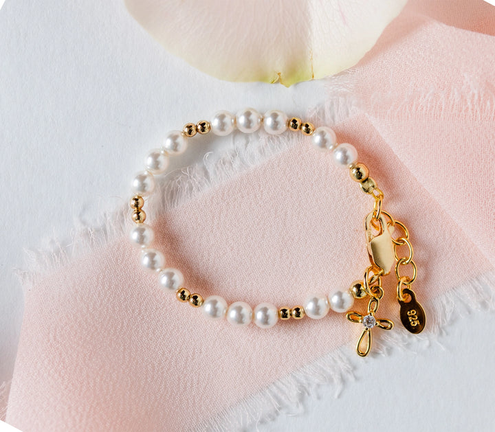 Pearl Beaded Cross Charm Bracelet