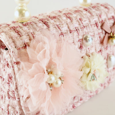 Pink Floral Applique Tweed Purse