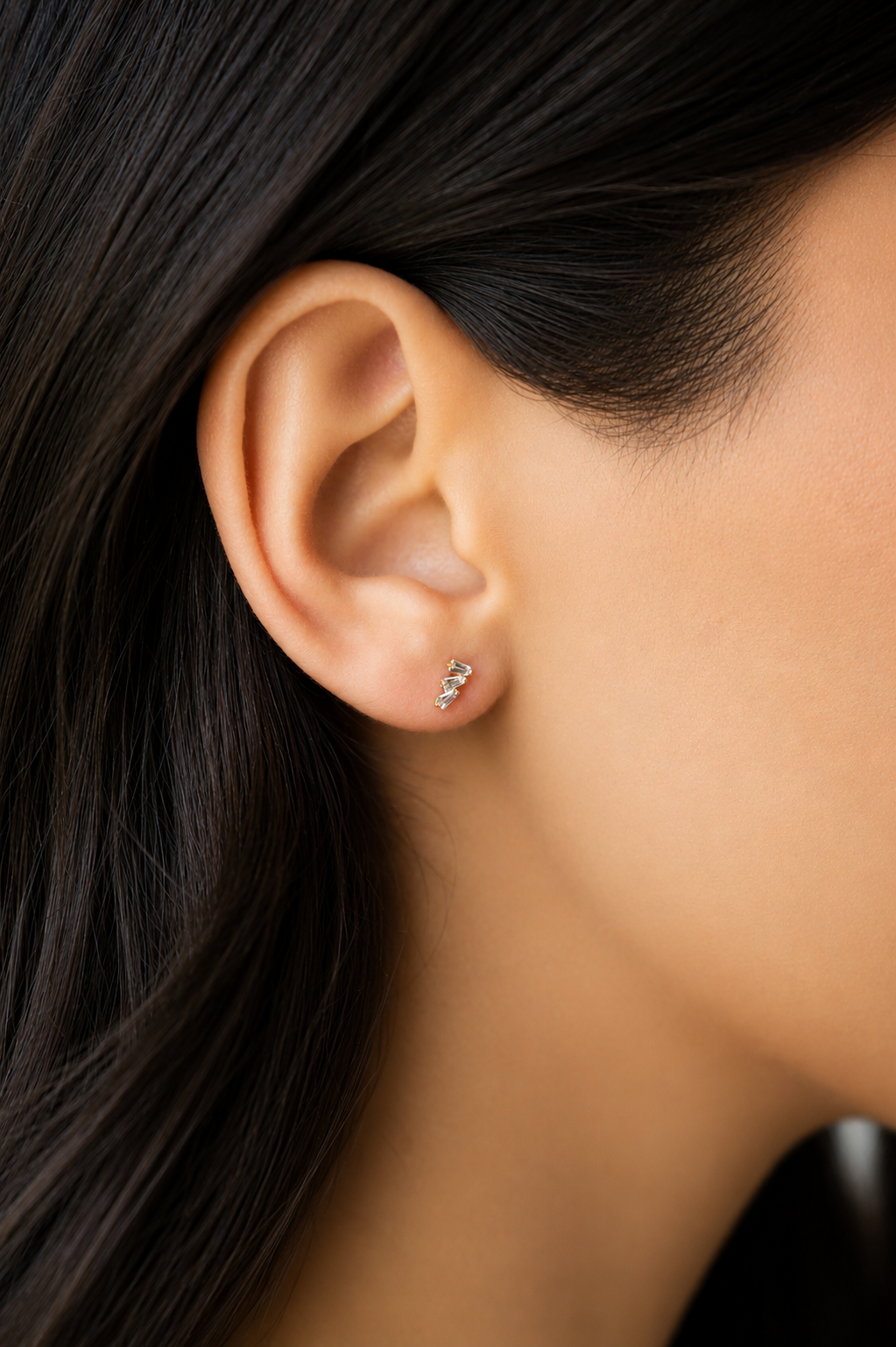 14K Trio Baguette White Sapphire Flat Back Stud