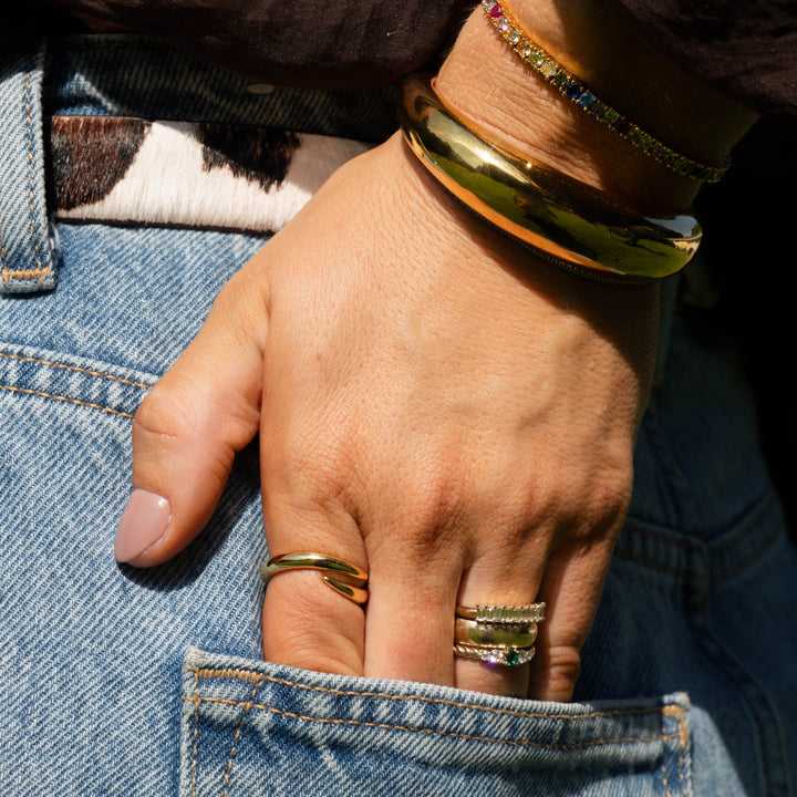 Gold Polished Spiral Adjustable Ring On Model-Embark Fine Jewelry