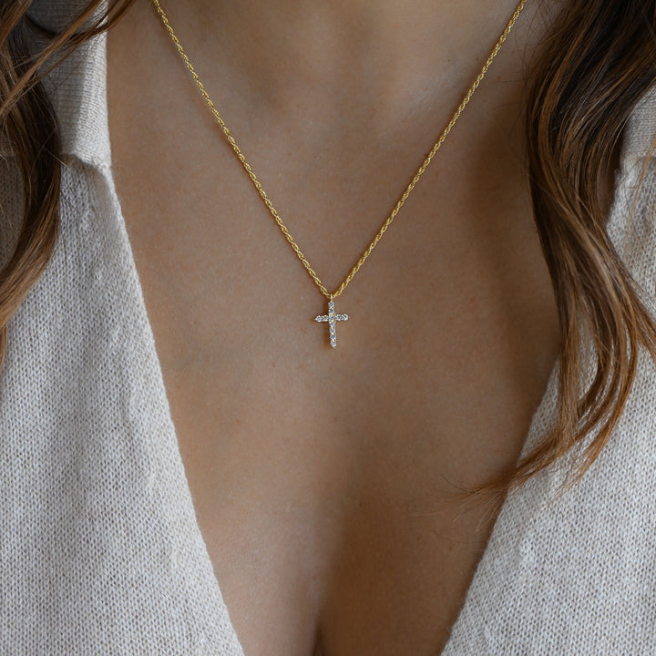 Gold Simple Cross Necklace - Rope Chain