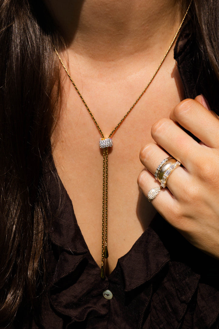 Gold Teardrop Lariat Necklace On Model-Embark Fine Jewelry